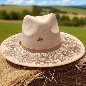 Hand Burned Wide Brim Fedora Hat Featuring Sunflowers, Bees, and Lady Bugs